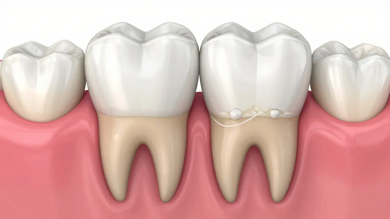 Ilustrace dvou zubů zobrazující skrýšený plak v těsném prostoru mezi nimi nedostupném kartáčem.