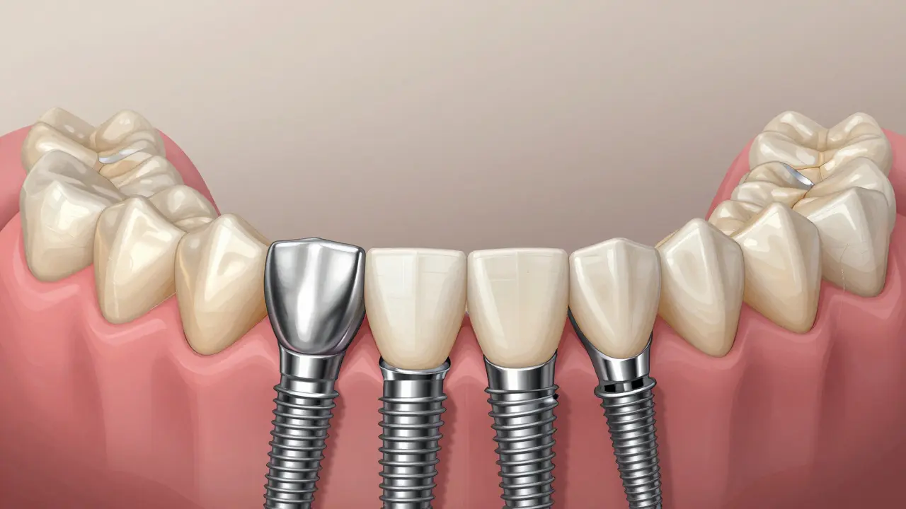 Jaw with 12 metal-ceramic crowns and four dental implants replacing damaged teeth