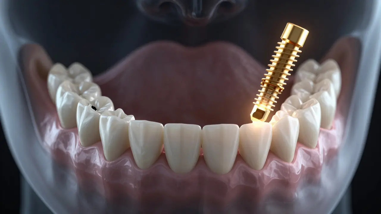 Jawbone showing bone loss from a removed bridge, with a dental implant being placed to restore structure.