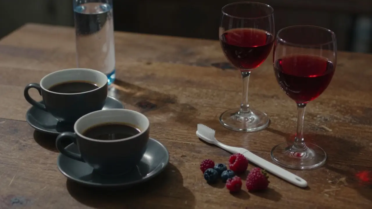 Káva, víno a ovoce vedle kartáčku jako symbol rizika zbarvení.