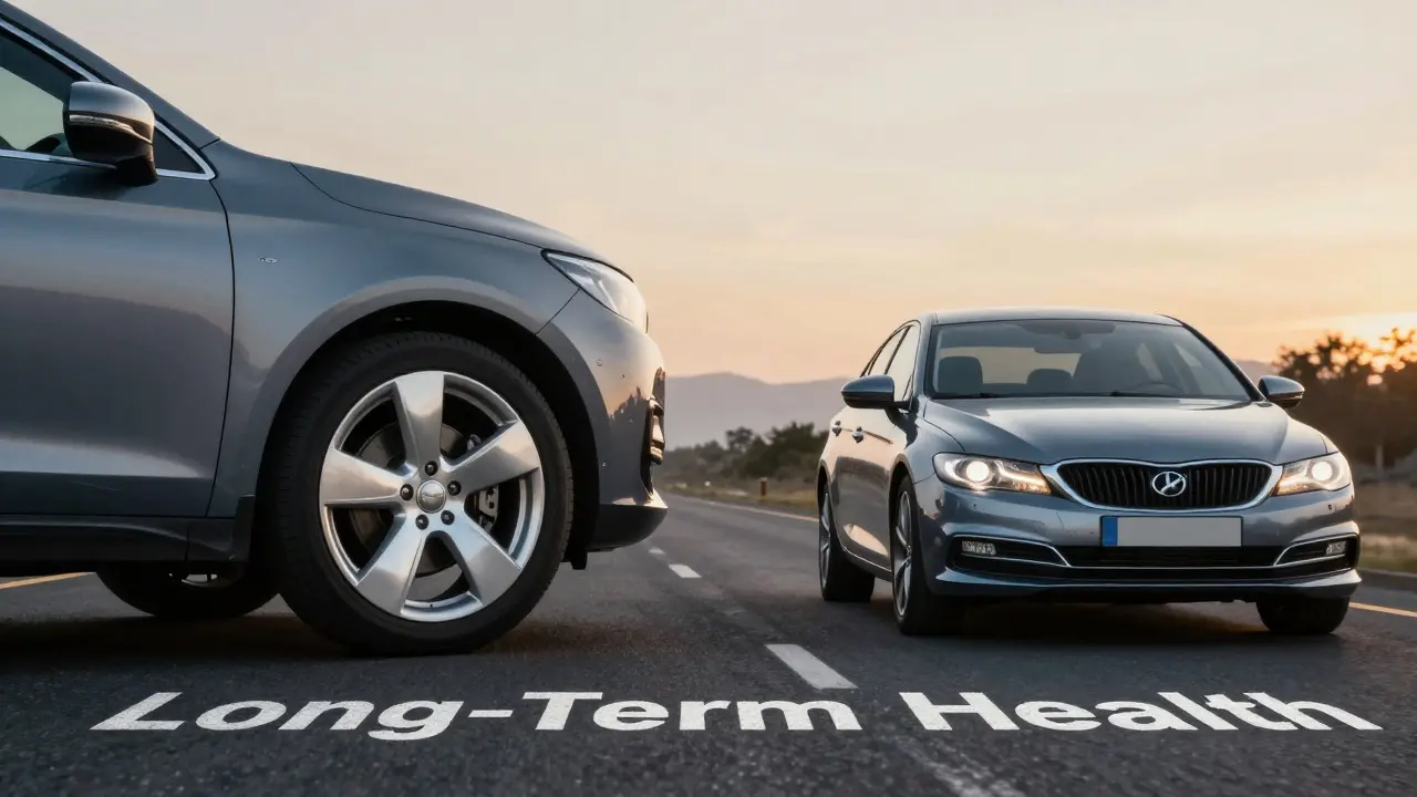 Metaphorical comparison of misaligned teeth to a car with crooked wheels, contrasting with a perfectly aligned vehicle for health.