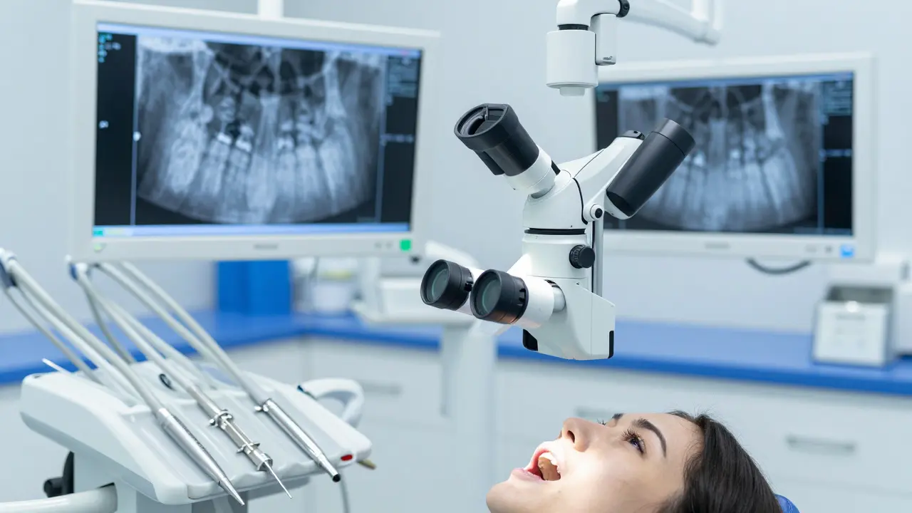 Moderní zubní ordinace s mikroskopem a nástroji pro endodoncii