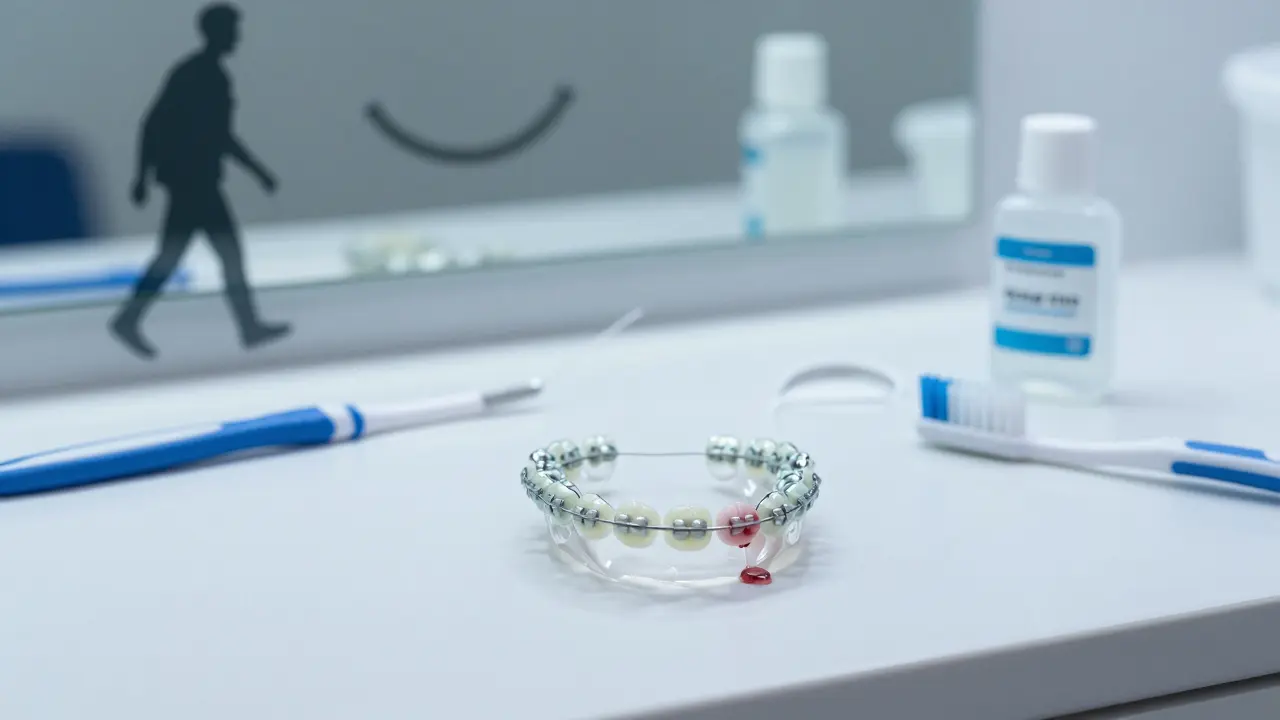 Ortodontické drátky na stole spolu s hygienickými nástroji, stín postavy odchází s neviditelným úsměvem.