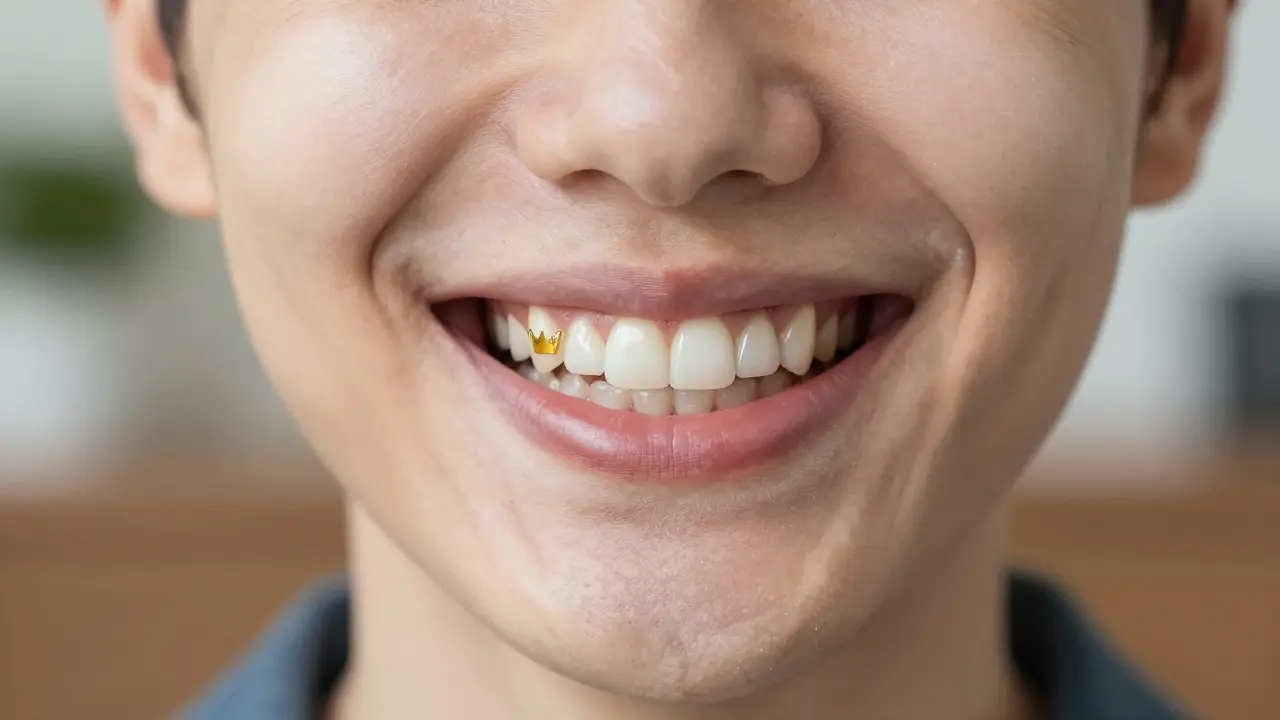 Osoba se širokým úsměvem, kde jedna zubní korunka je jemně zvýrazněna zlatým odstínem.