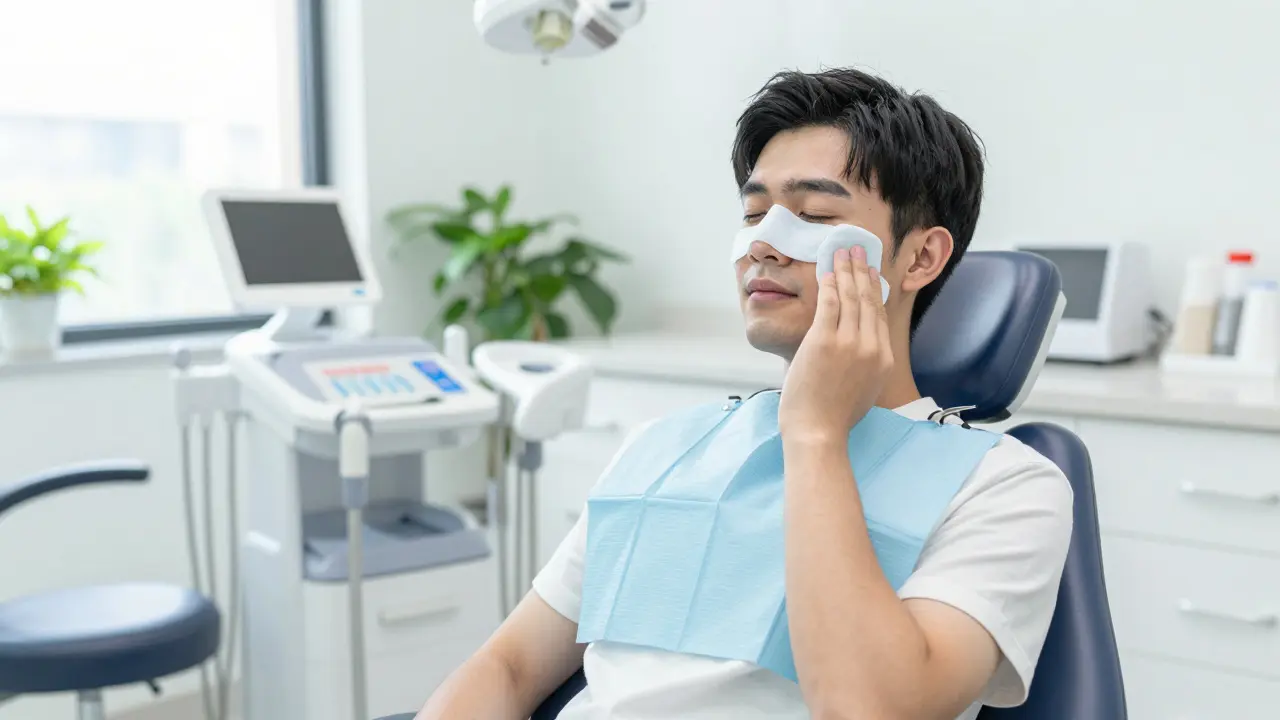 Pacient v ordinaci drží ledový obklad po zákroku.