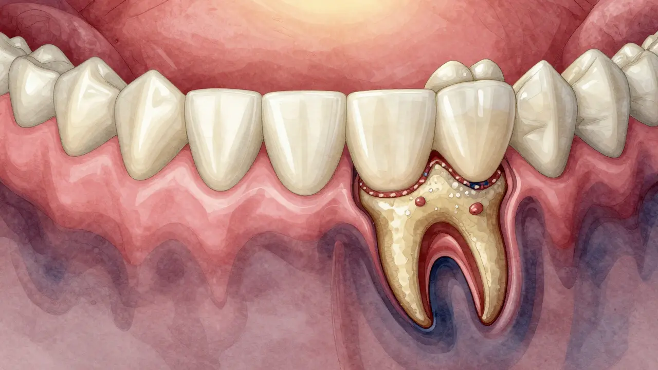 Porovnání zdravého zubního můstku a skrytého poškození pod ním po odstranění.