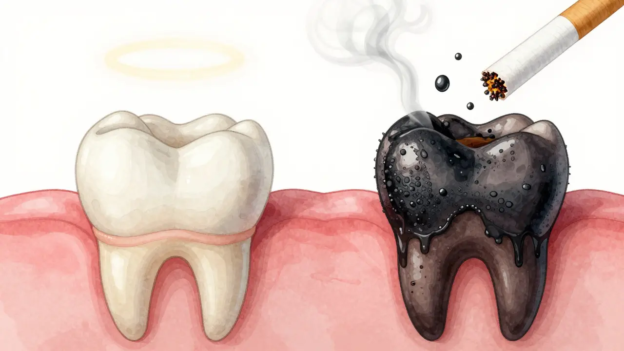 Porovnání zdravého zubu a zubu pokrytého černým zubním kamenem s symboly kouření a černého čaje.