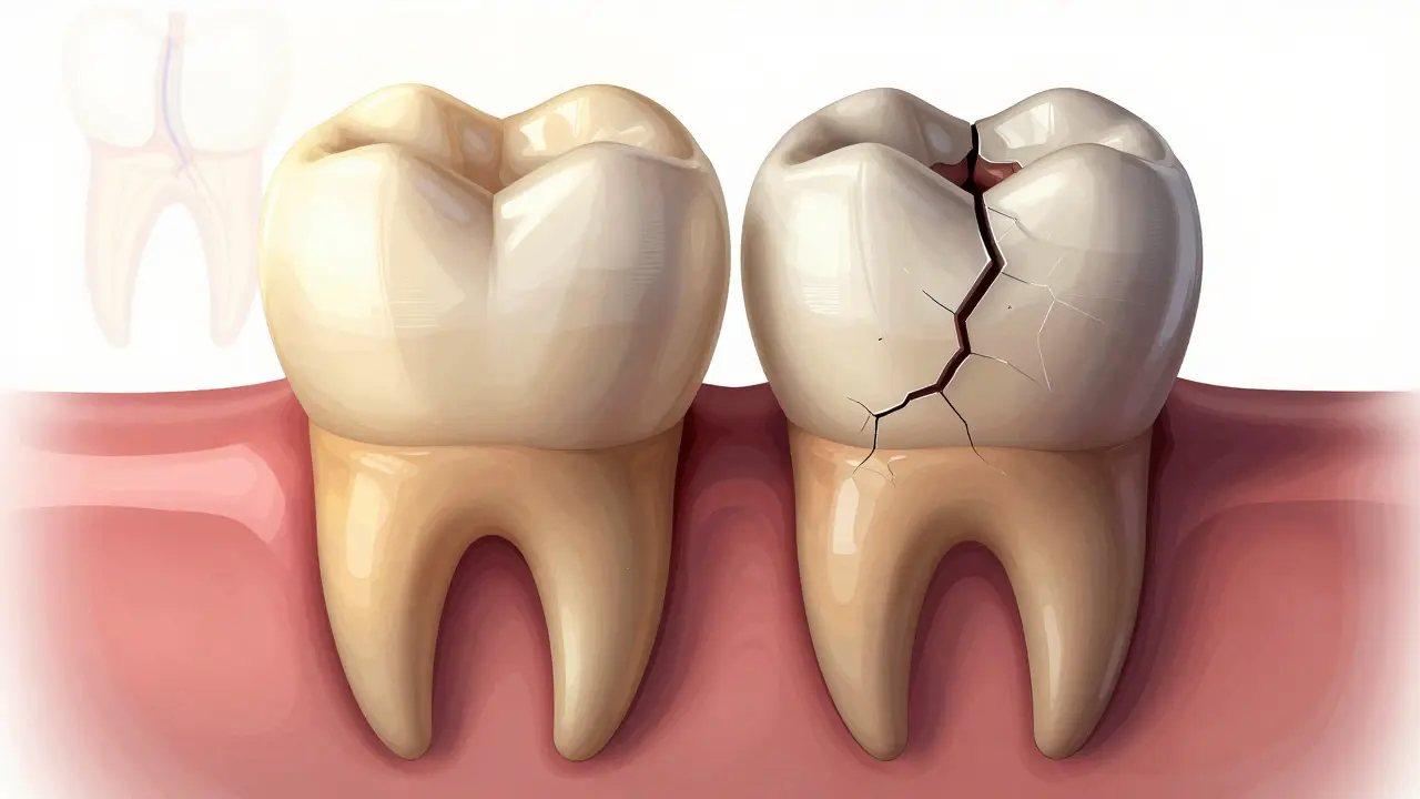 Porovnání zubu s korunkou a bez ní — jeden zdravý, druhý poškozený a rozštěpený.