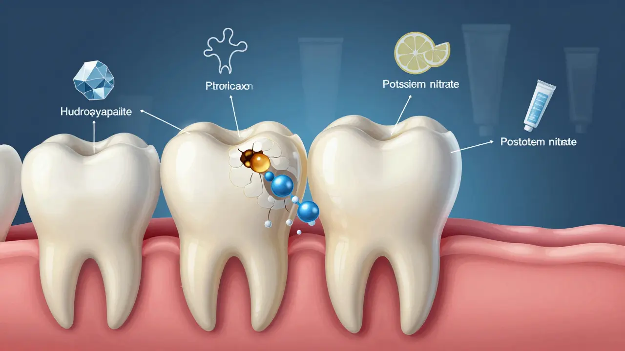 Příčný řez zubem, kde peroxid vodíku proniká do skloviny, zatímco hydroxyapatit a draslík pomáhají chránit zub.