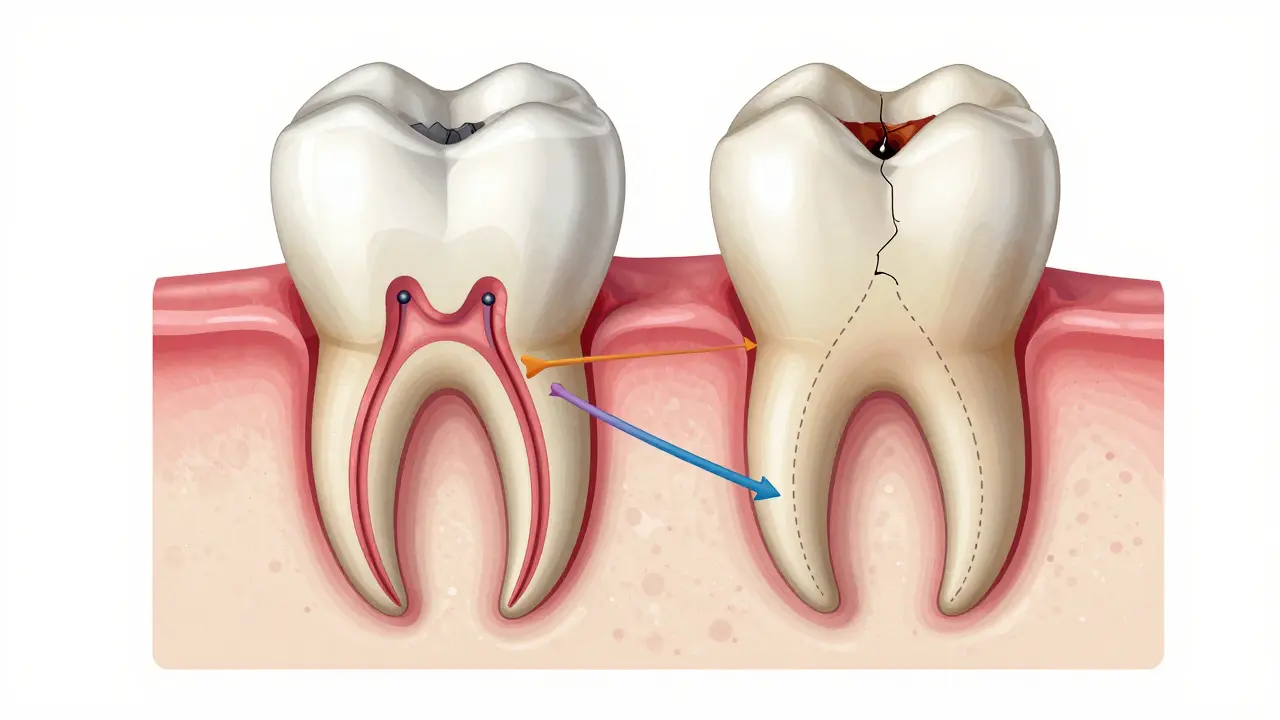 Průřez zubu s korunkou a čistými kanálky v porovnání s infikovaným zubem bez ochrany.