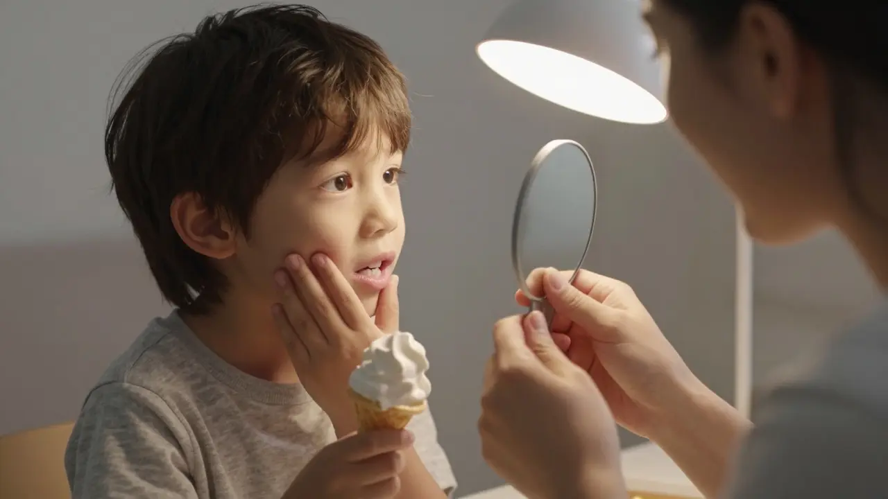 Rodič kontroluje zuby dítěte v domácím prostředí pomocí zrcátka.