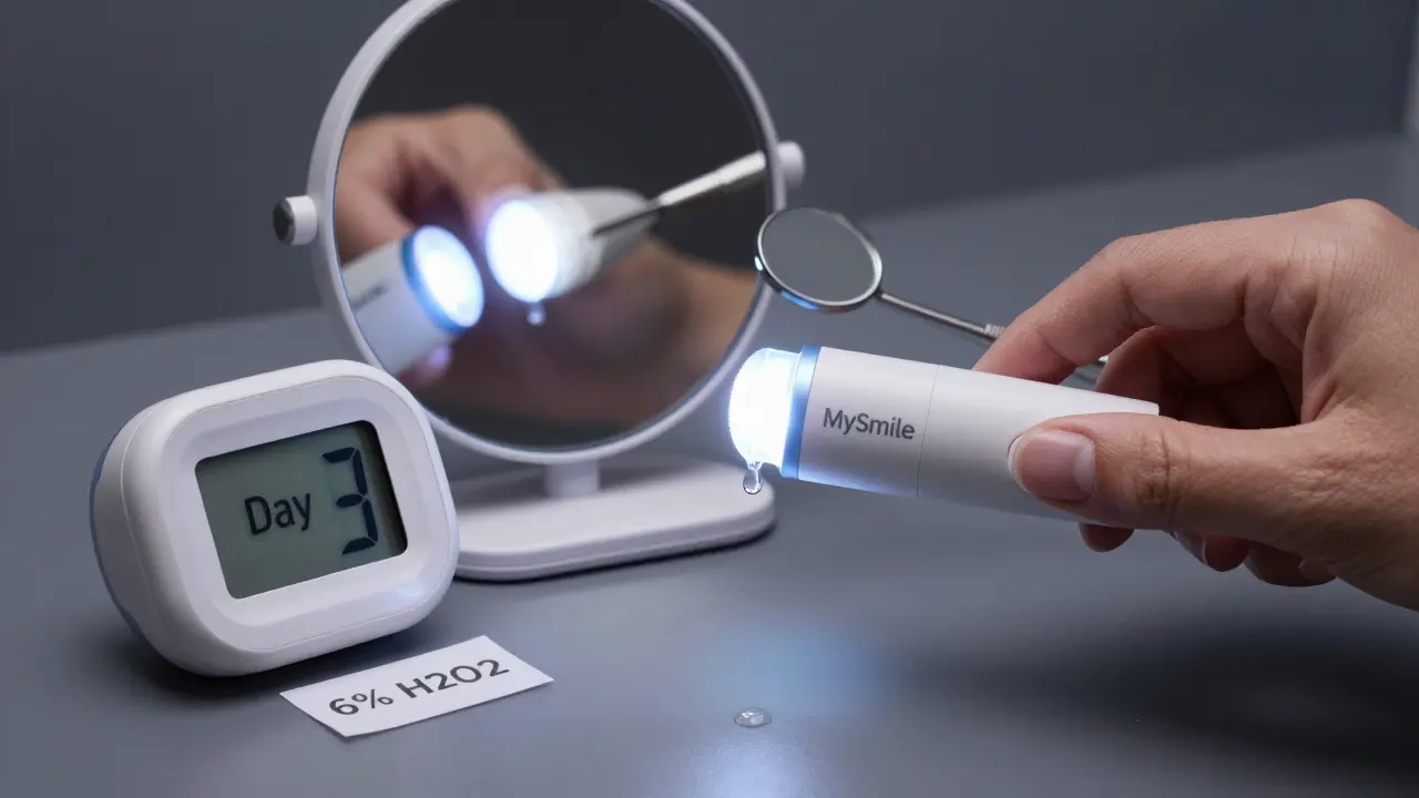 Ruka s LED zařízením MySmile bělí zuby, světlo září a v zrcadle se vidí světlejší úsměv.