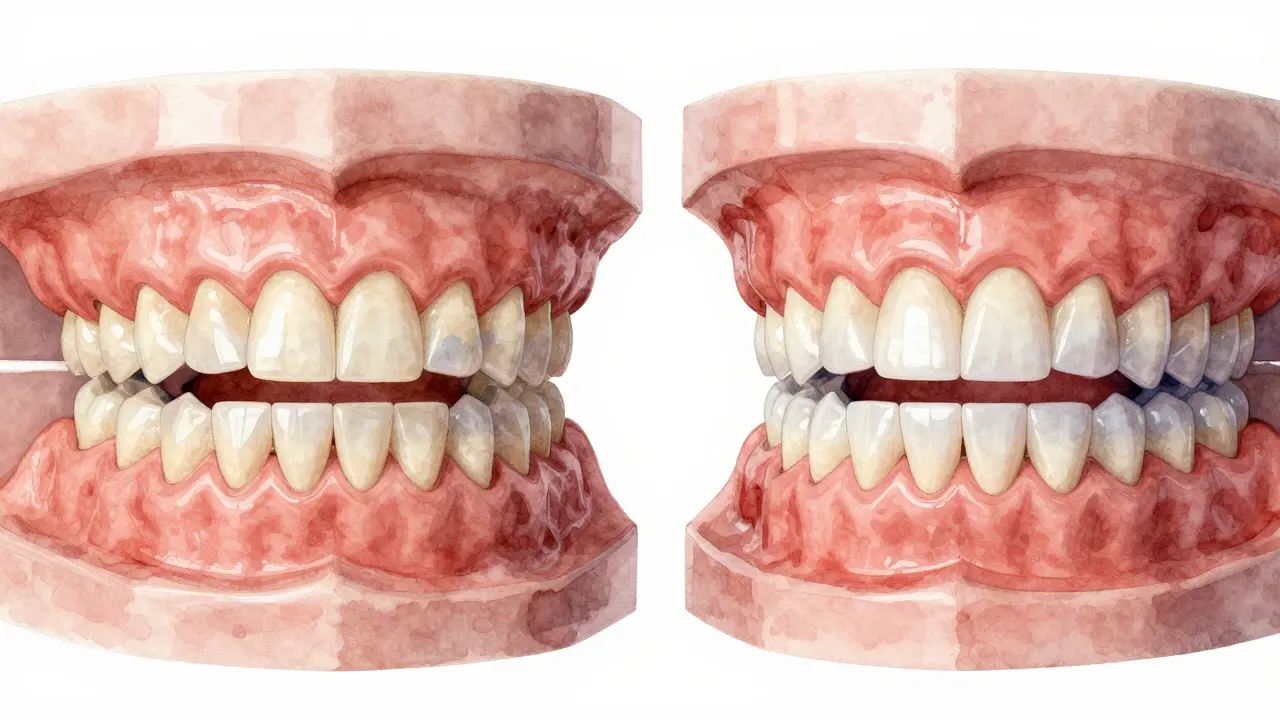 Side-by-side comparison of damaged teeth and restored teeth with porcelain veneers.