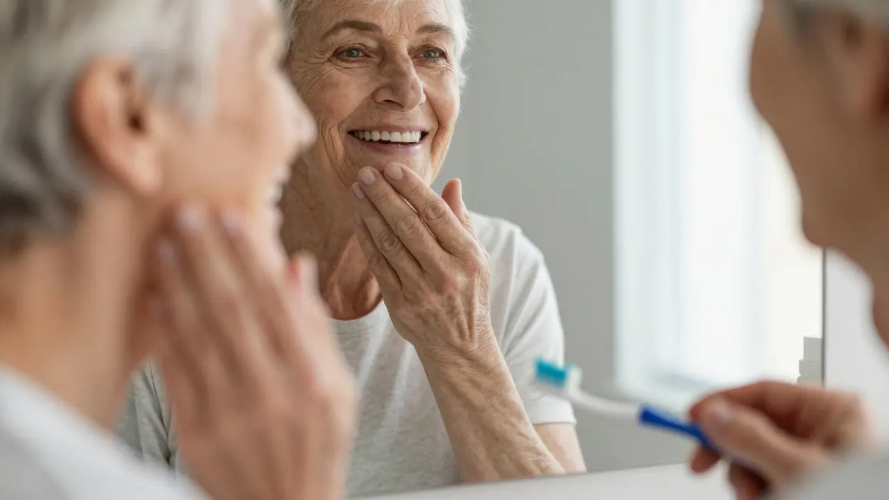 Starší osoba se dívá do zrcadla a přitýká zuby, které jsou stále zdravé.
