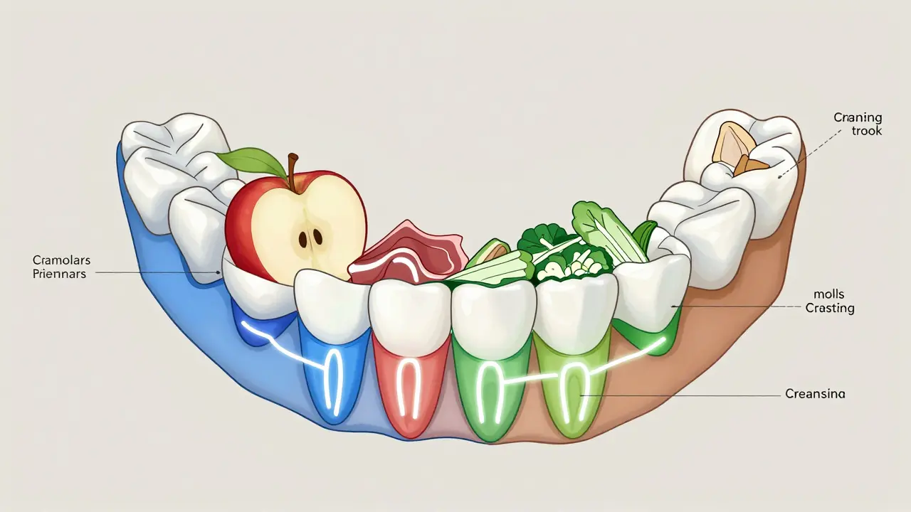 Stylizovaný náhled na funkci různých typů zubů při zpracování potravy v ústech.