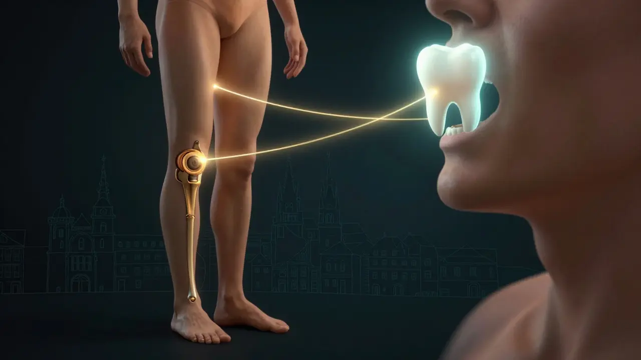 Symbolická scéna spojující zraněnou nohu a zub zlatou čárou zdraví