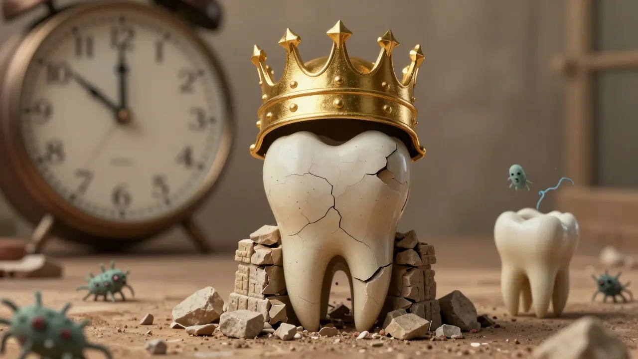Symbolický obrázek zubu jako hradu s korunkou jako krojitou, proti zanikajícímu zubu bez ochrany.
