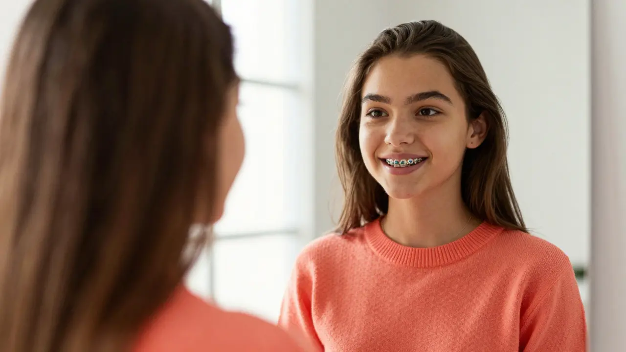 Teenager v zrcadle s důvěrou vybírá barvu k oblečení.