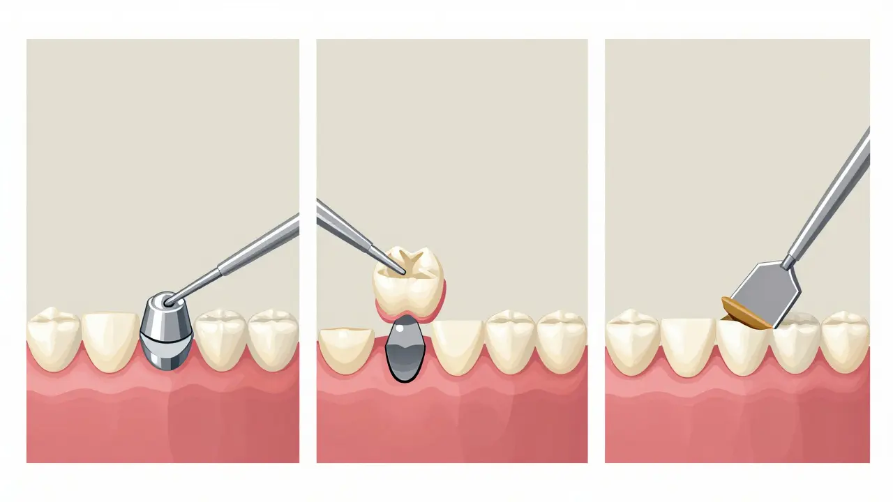 Three-step visual breakdown of dental bridge removal: cement dissolution, bridge detachment, and tooth cleaning.