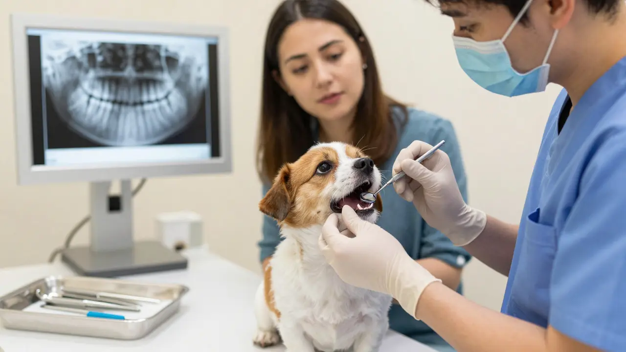 Veterinář vyšetřuje psu ústa v klinice s rentgenem na pozadí.