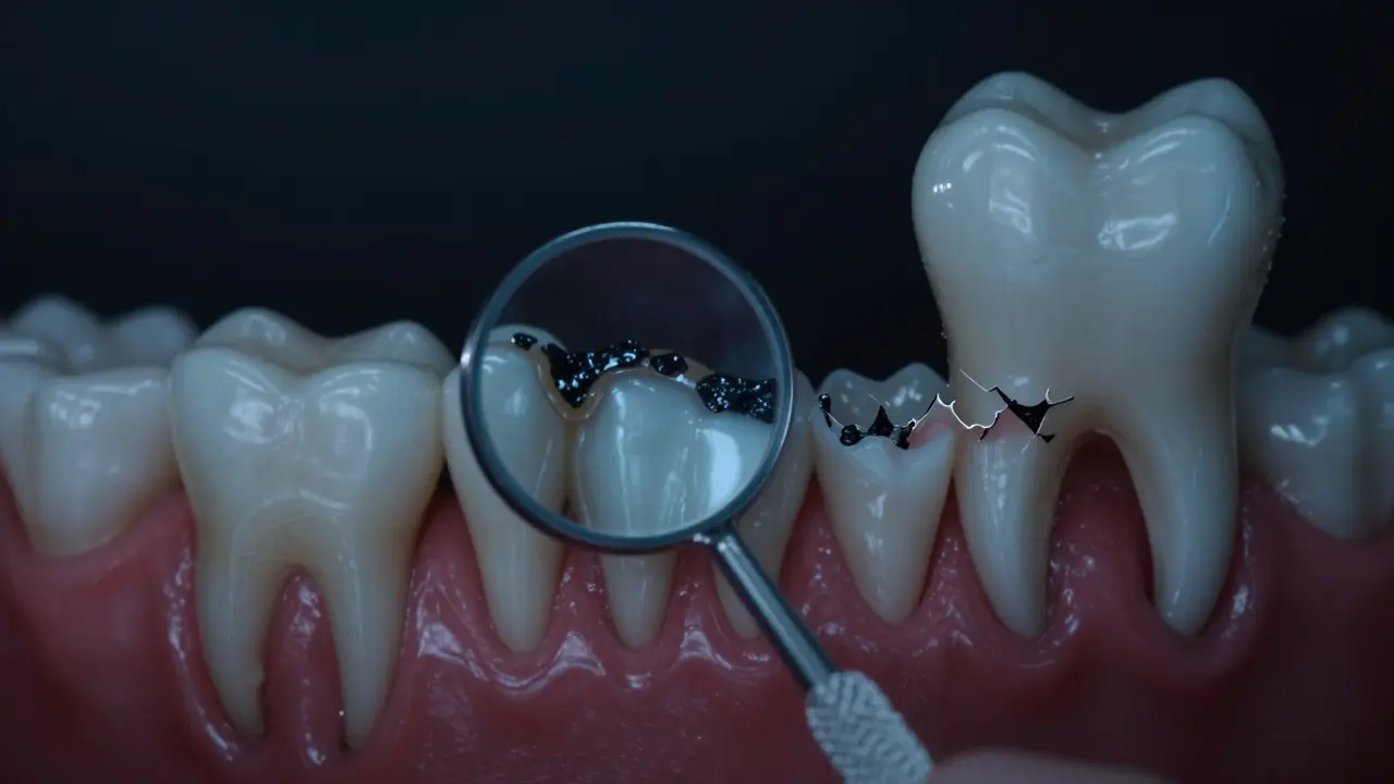 Zrcadlový pohled na zub s černým kamenem a odhalující se ztrátou kosti v odrazu.
