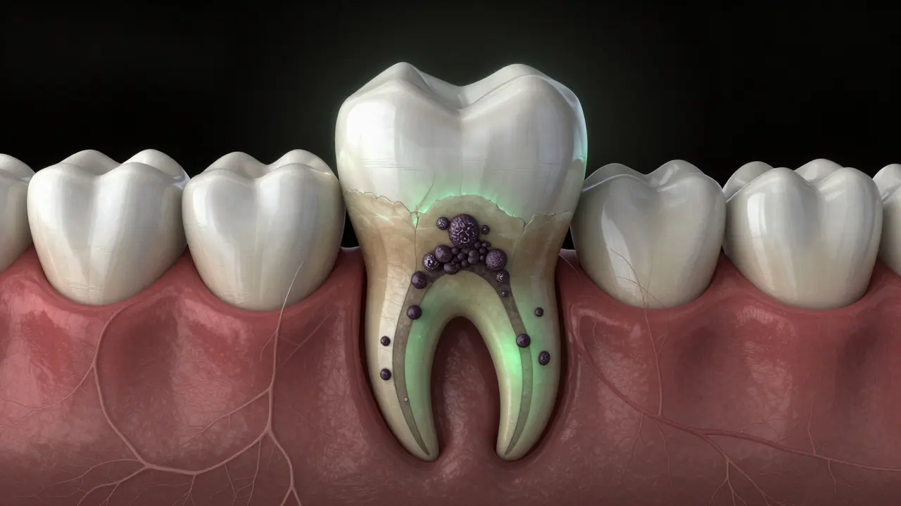 Zubní kořen s ničenou kostí a bakteriálním kamenem pod dásní, symbolizující systémové riziko.
