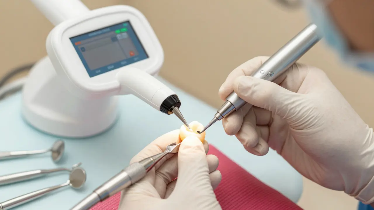 Zubní lékař brousí zub před instalací korunky pomocí digitálního skenování.