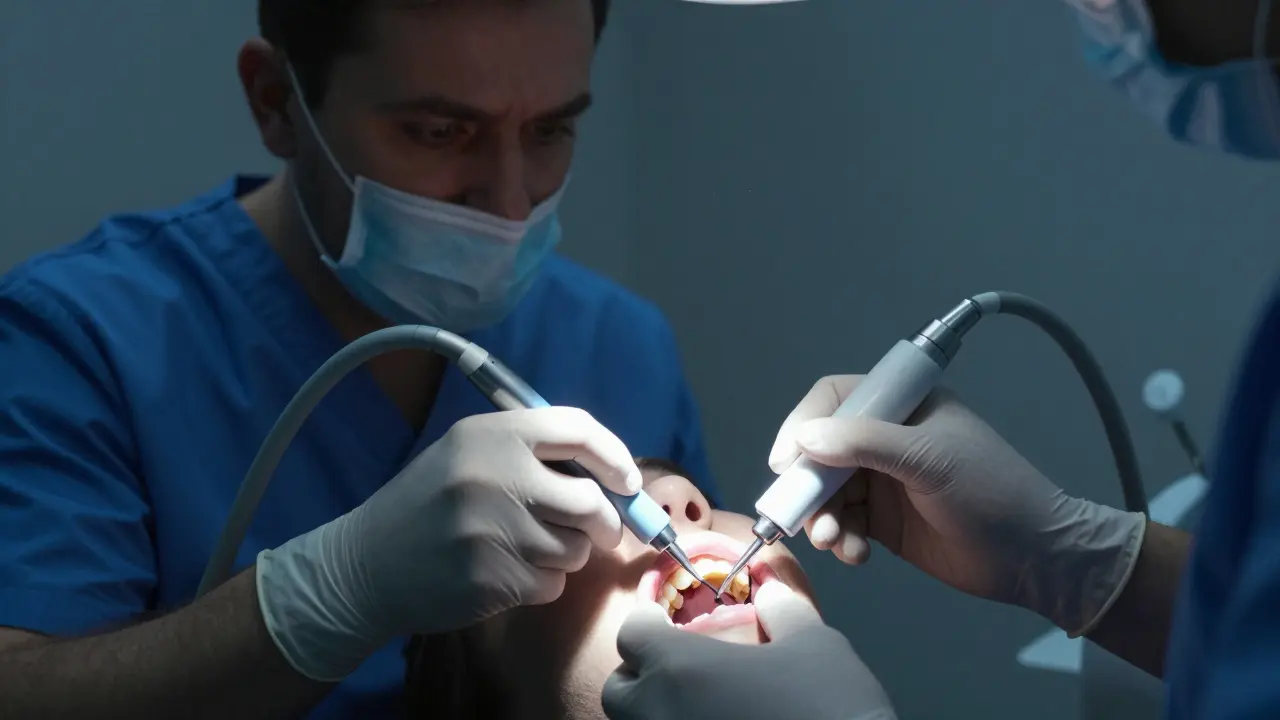 Zubní lékař odstraňuje kámen pod dásní pomocí ultrazvukového čističe.