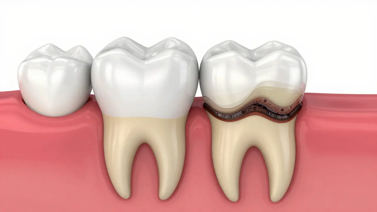 3D ilustrace průřezu zubu s vypadlou plombou a sekundárním kazem.