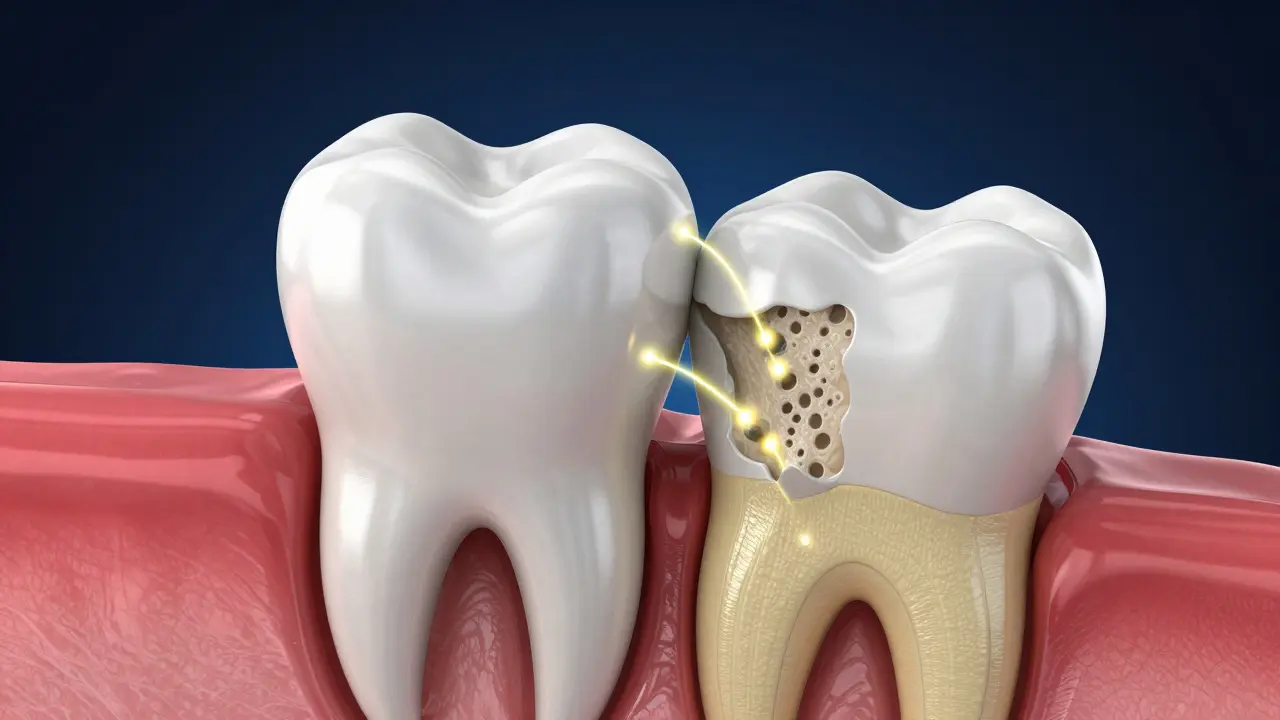 3D ilustrace průřezu zubu znázornující erozi skloviny a pronikání kyselin do dentinu.