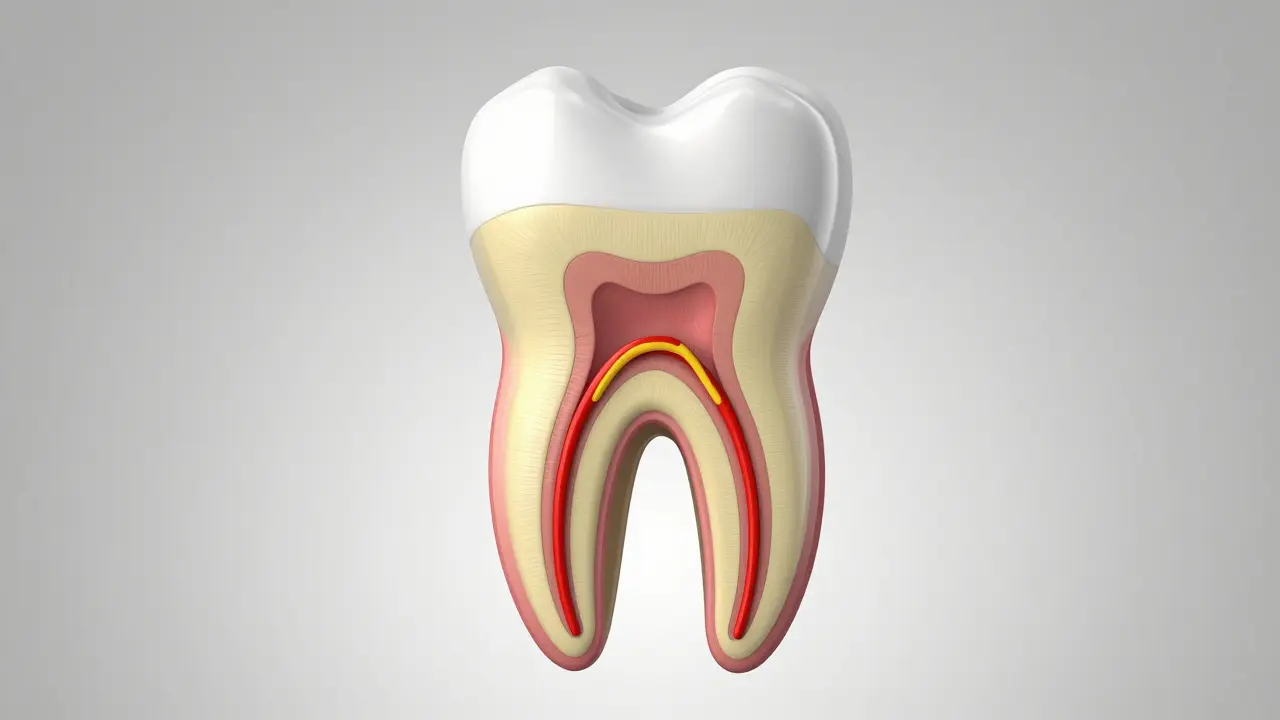 3D model zubu v řezu znázorňující zubní pulpu a kanálky.