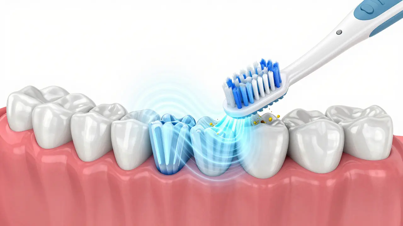 3D vizualizace sonických vln čistících prostor mezi zuby a dásní.