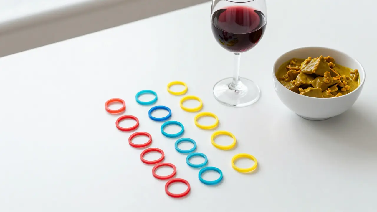 Barevné gumičky na rovnátka vedle potravin, které mohou způsobit barvení.