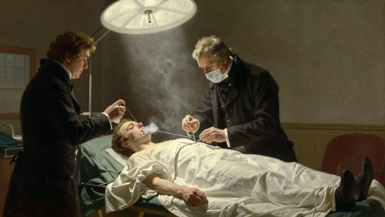Chirurg v 19. století provádí operaci za použití éteru a antiseptik.