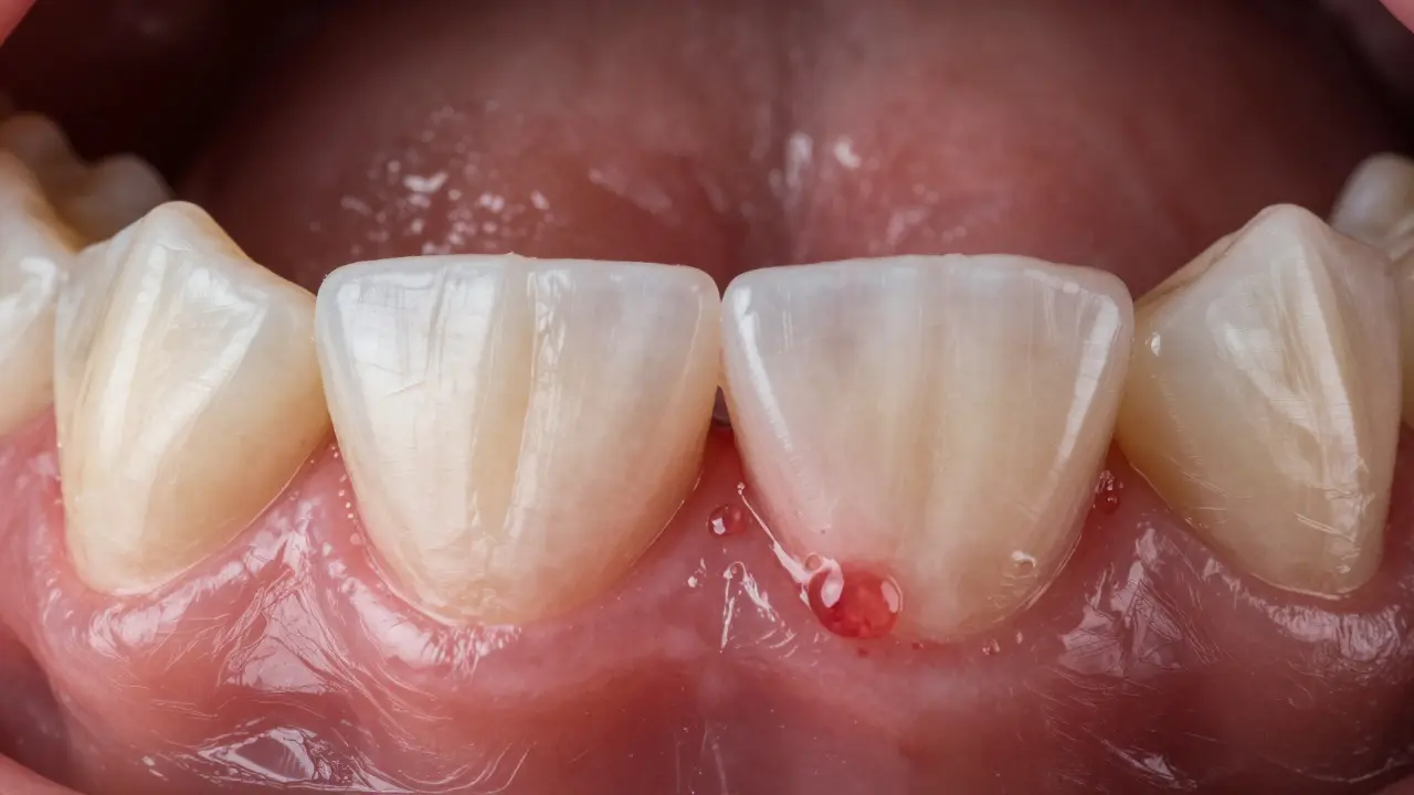 Detailní pohled na zapálené, červené a krvácící dásně jako příznak zánětu.