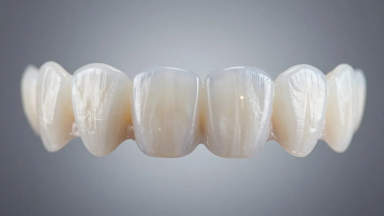 Detailní srovnání textury a lesku kompozitní a porcelánové zubní falešky.