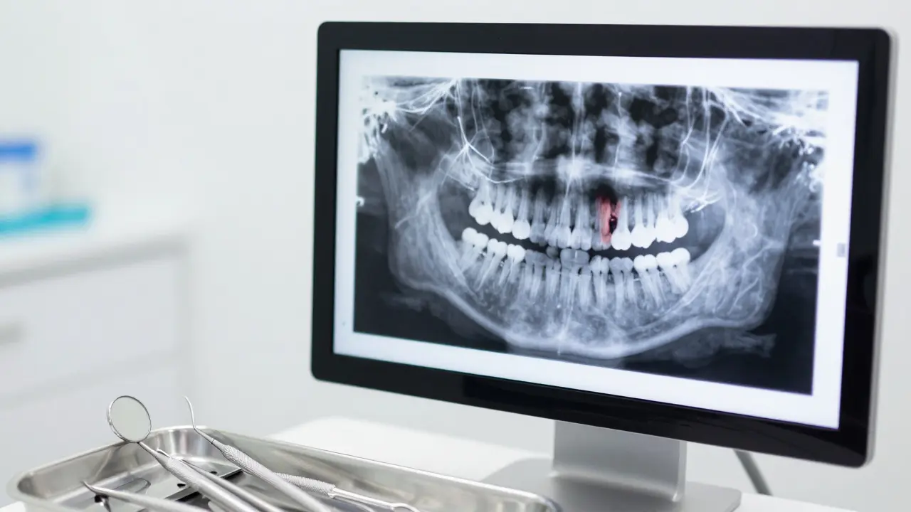 Digitální rentgen zubu na monitoru v moderní zubní ordinaci.