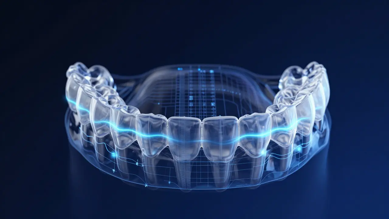 Digitální simulace pohybu zubů s průhledným alignerem Invisalign.