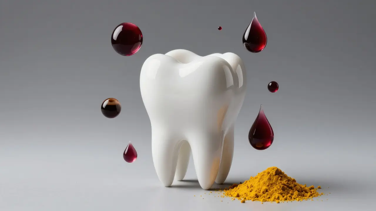 Konceptuální obraz bílého zubu obklopeného kapkami vína, kávy a kurkumy.