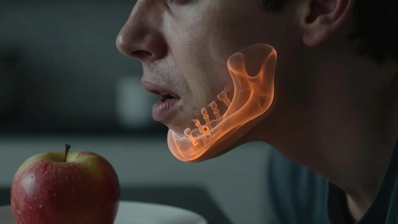 Konceptuální snímek znázorňující svalové napětí v oblasti čelistního kloubu.