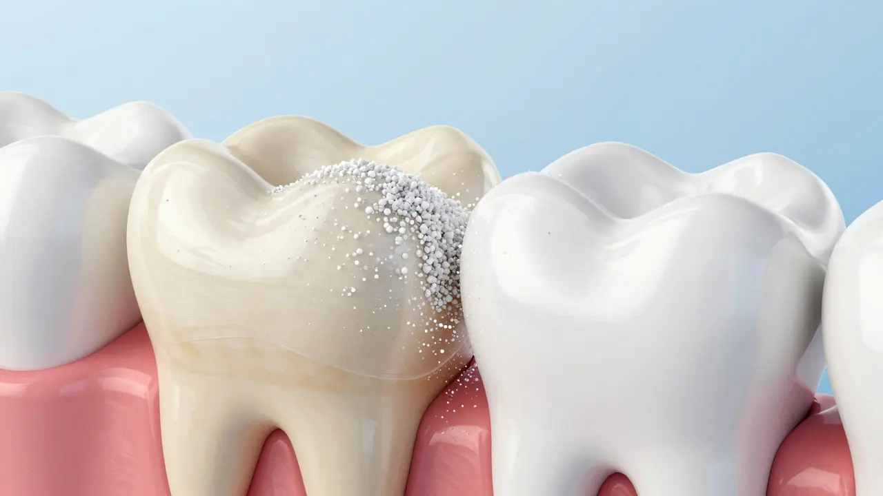 Konceptuální znázornění působení krystalků jedlé sody na sklovinu zuba.