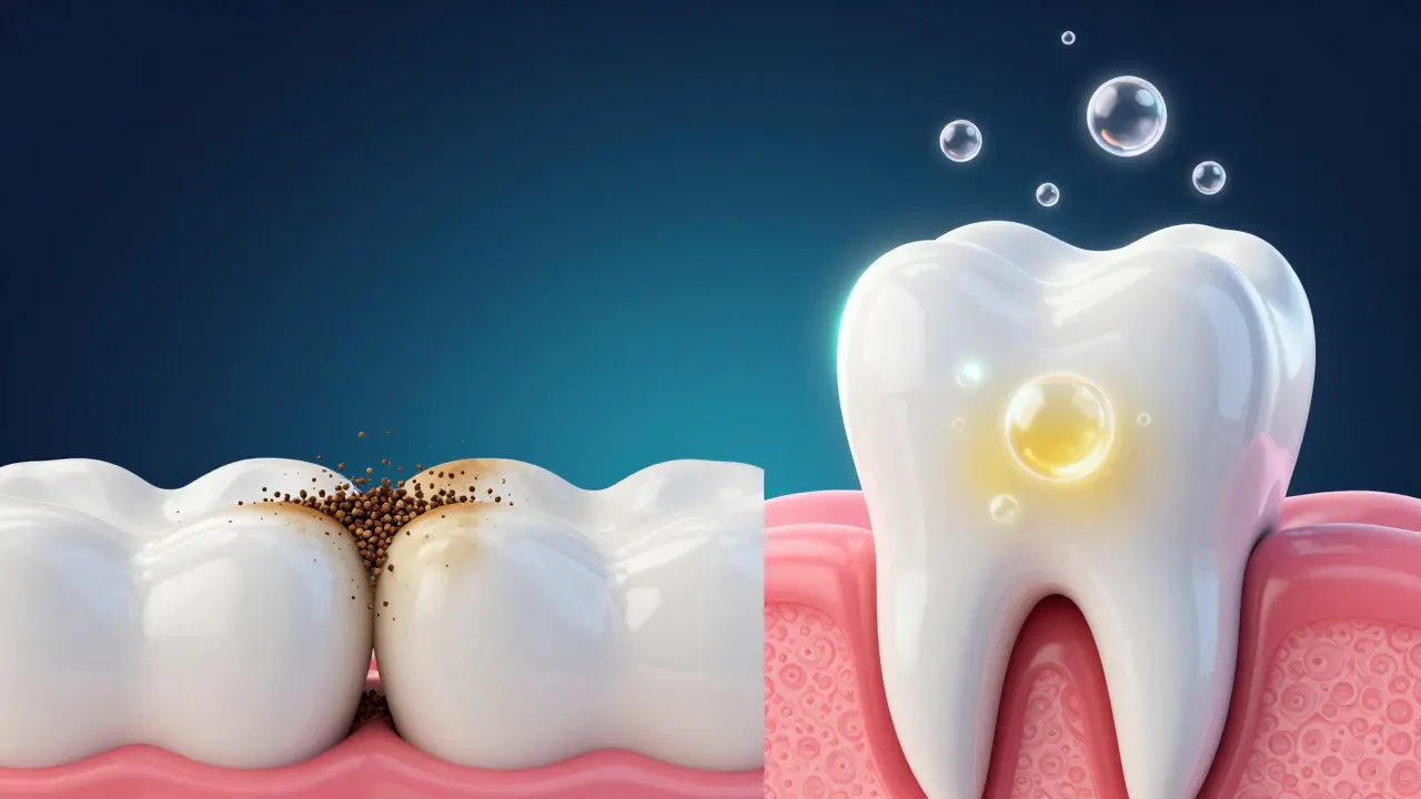 Konceptuální zobrazení mechanického a chemického bělení zubů.