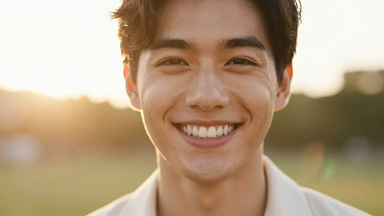 Kresba sebevěroleho člověka s přirozeným a harmonickým úsměvem.