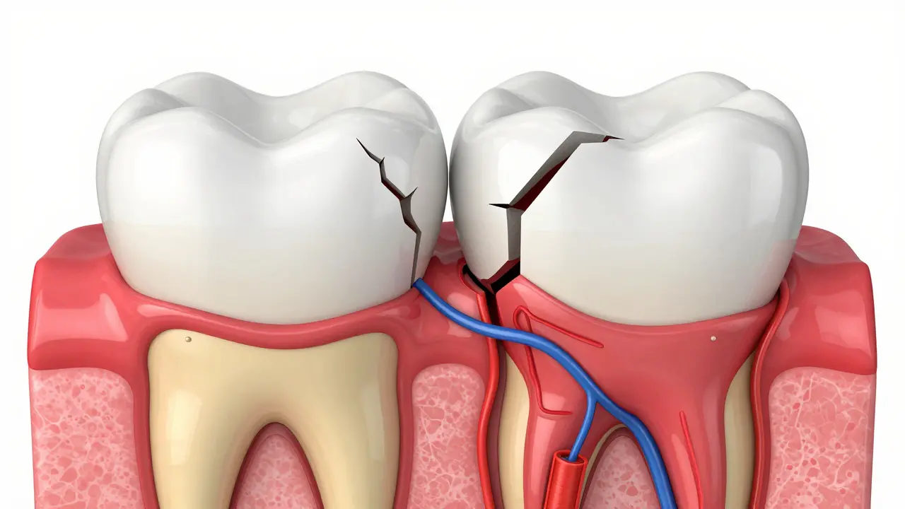 Kreslík v řezu znázornující prasklinu v zubu pronikající až do zubní dně.