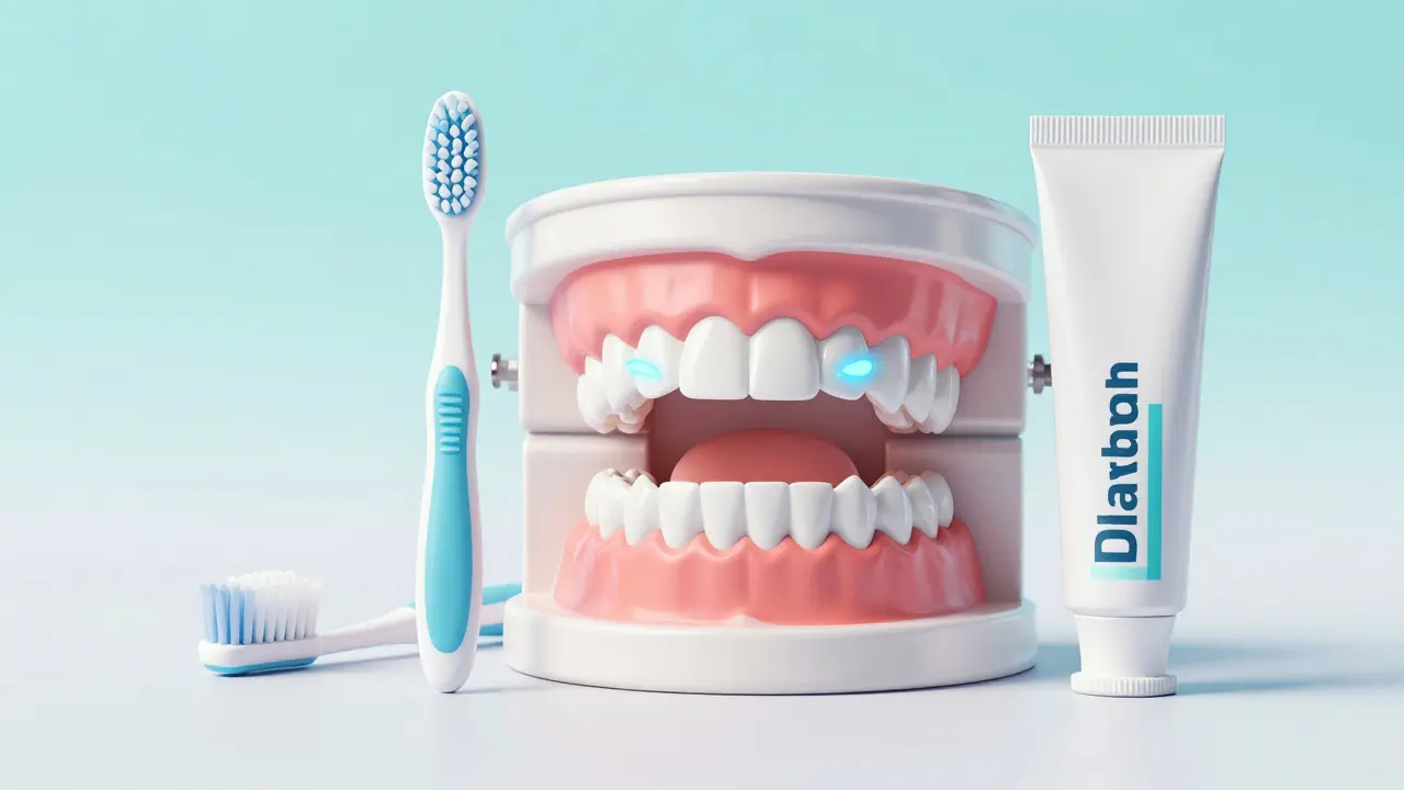 Model dětského chrupu s pomůckami pro prevenci a čištění zubů.