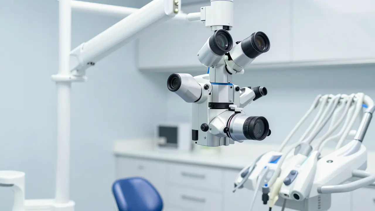 Moderní endodontický mikroskop v čisté zubní ordinaci.