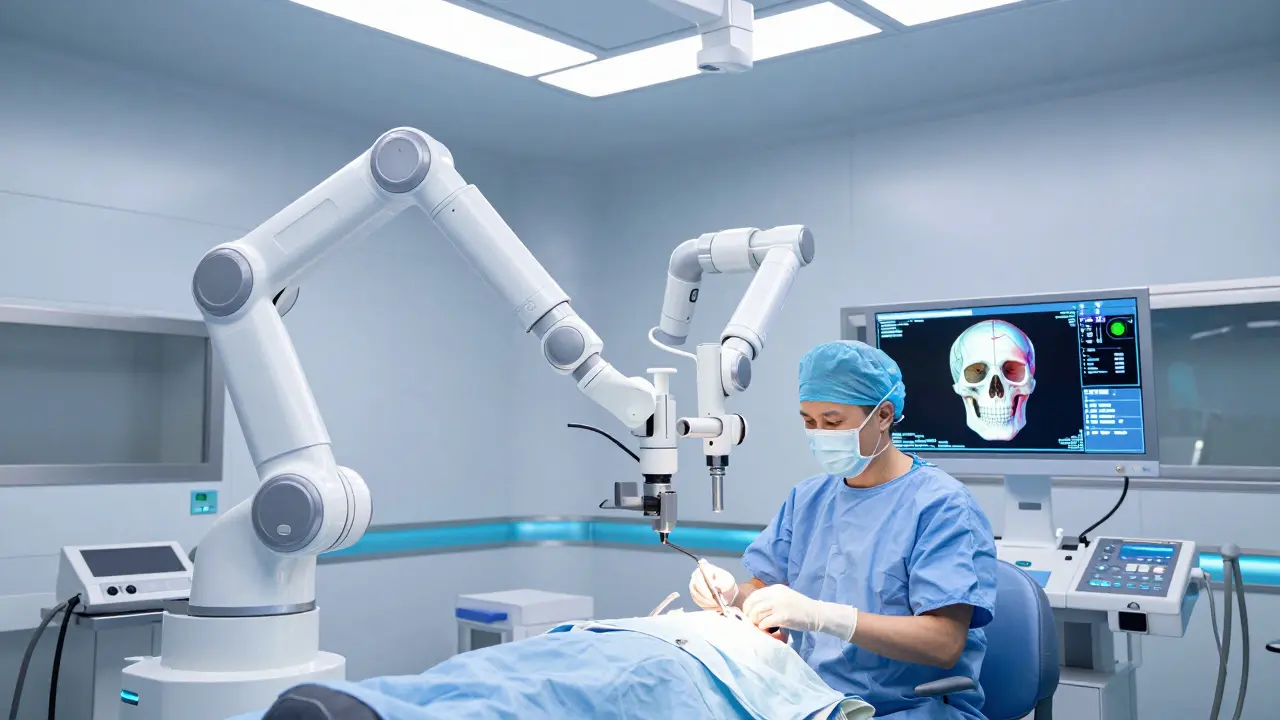 Moderní robotický chirurgický systém provádějící precizní zákrok.