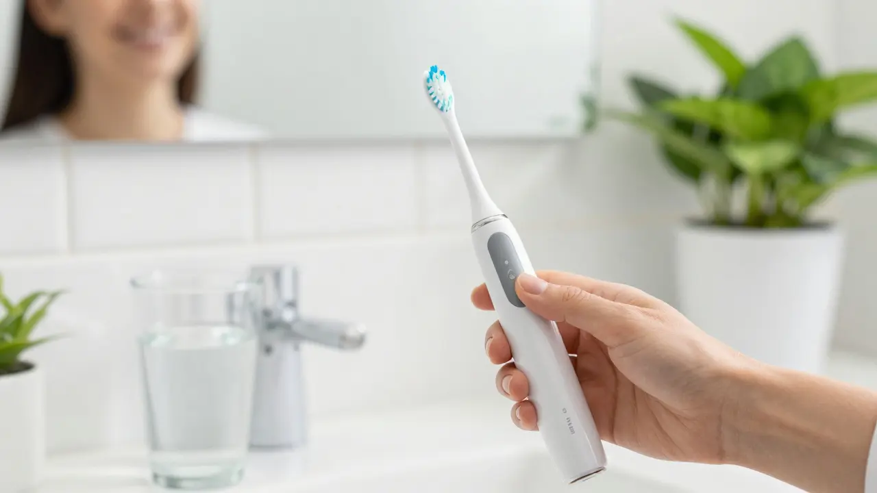 Moderní sonický zubní kartáček v bright moderní koupelně.