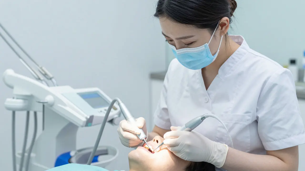 Profesionální dentální hygiena s použitím ultrazvukového přístroje.