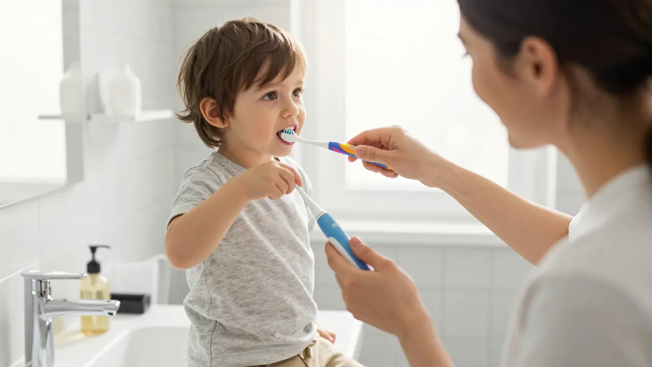 Rodič pomáhá dítěti správně čistit zuby v koupelce.